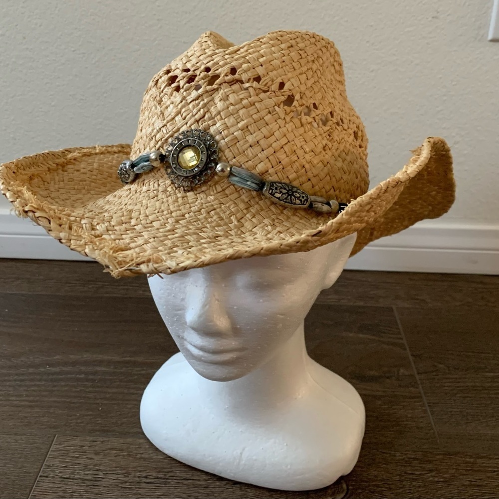 100% raffia Stylish Tan Hat with Beaded Band
